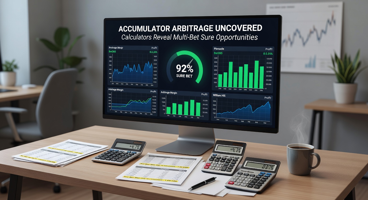 Screenshot of an arbitrage calculator interface showing stake allocations and profit calculations for a five-leg accumulator across international bookmakers