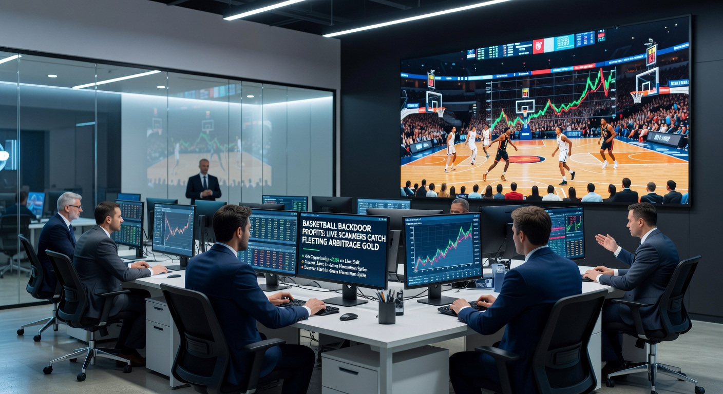 Graph illustrating arbitrage profit margins in live basketball betting, with peaks during backdoor cover moments in recent NBA contests