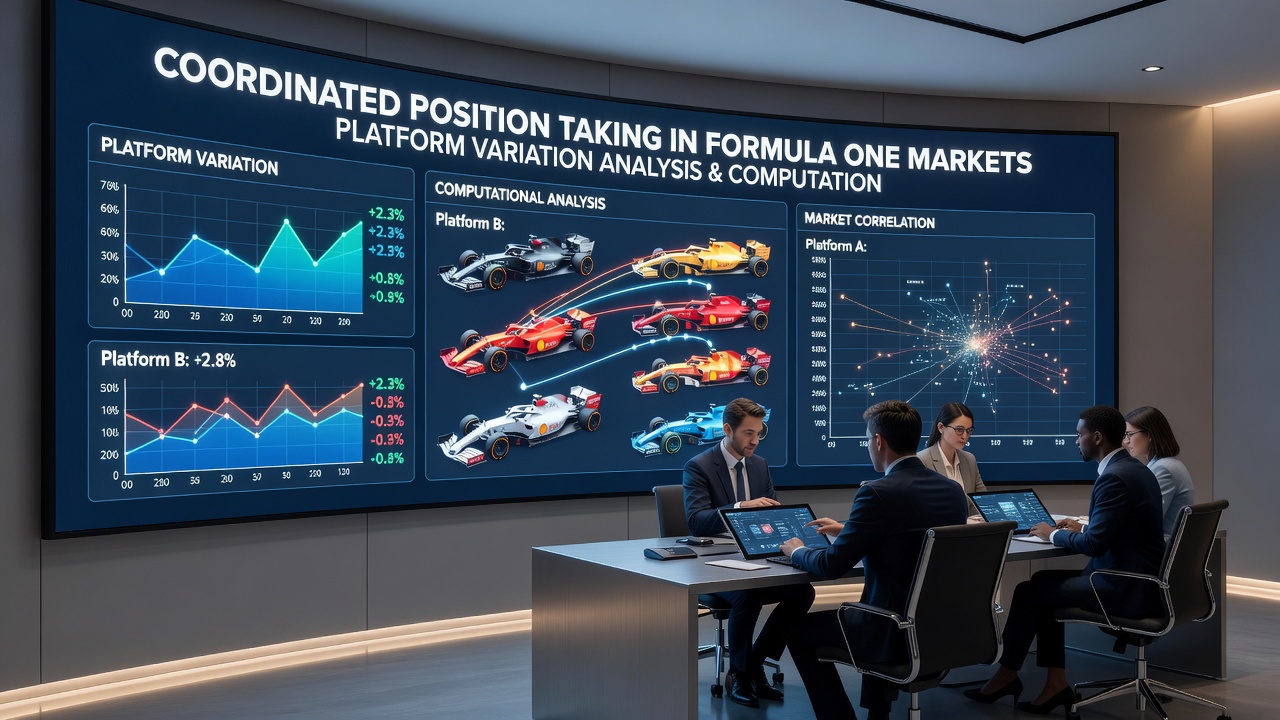 Digital dashboard displaying coordinated betting positions across multiple Formula One betting platforms with calculation tools active