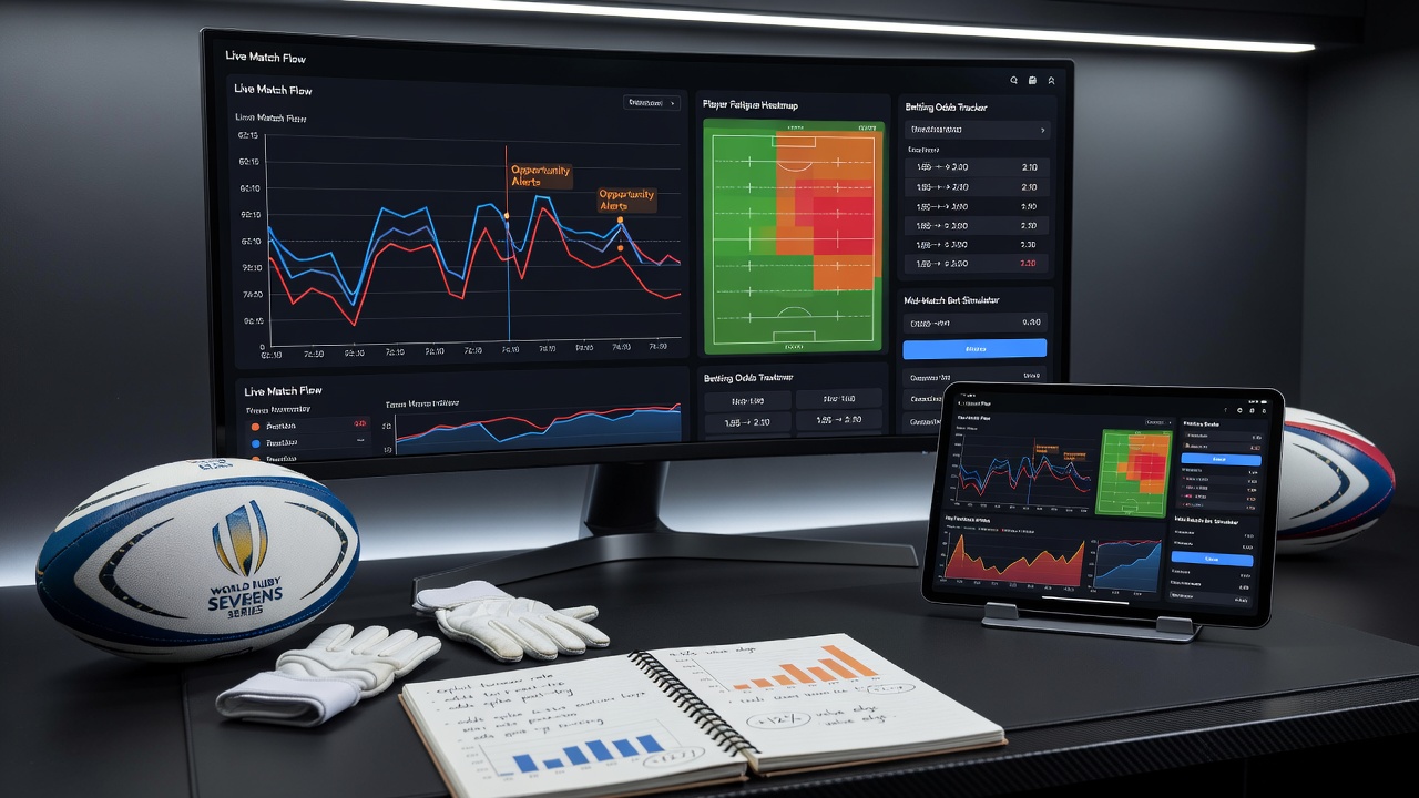 Live betting interface showing rugby sevens odds fluctuations mid-match