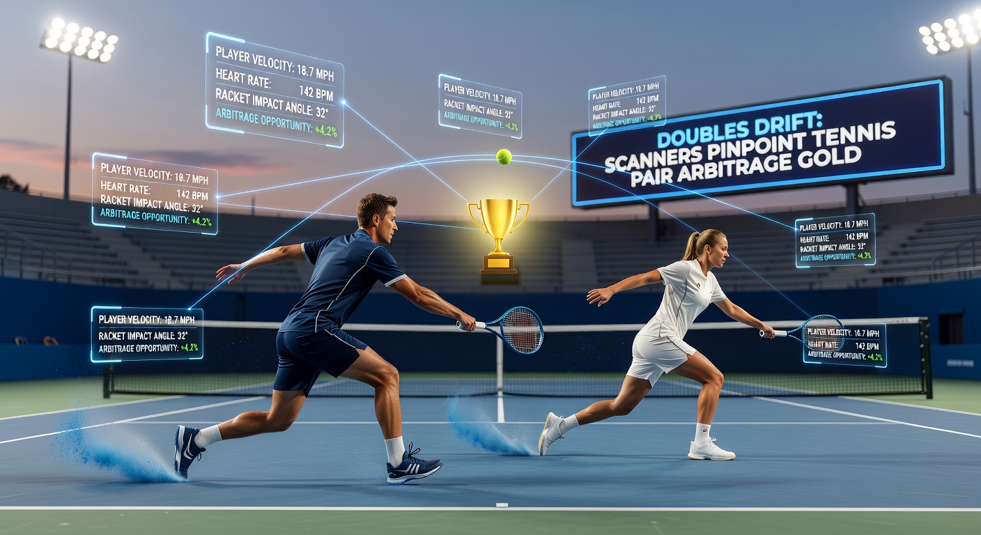 Digital scanner interface displaying live tennis doubles arbitrage opportunities with odds tables and profit calculators