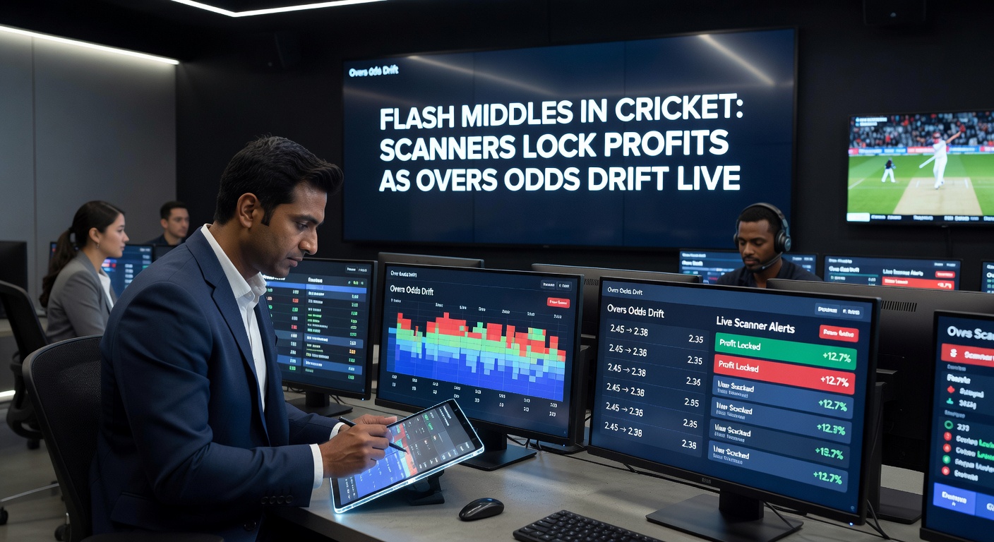 Screenshot of a betting scanner dashboard highlighting a live flash middle in a cricket overs market, with odds comparisons and profit calculator