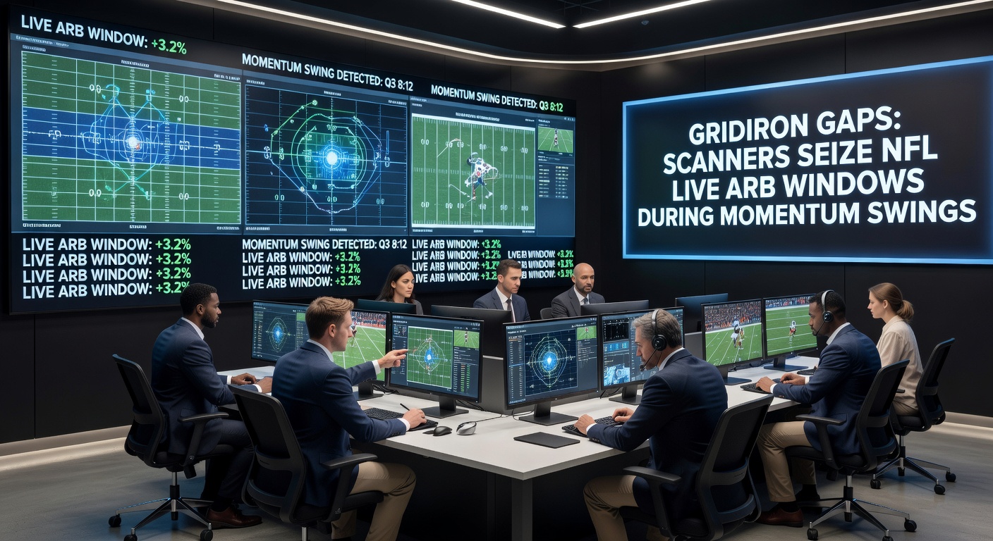 Close-up of a scanner interface displaying live NFL odds divergences during a touchdown celebration, with highlighted arbitrage calculations
