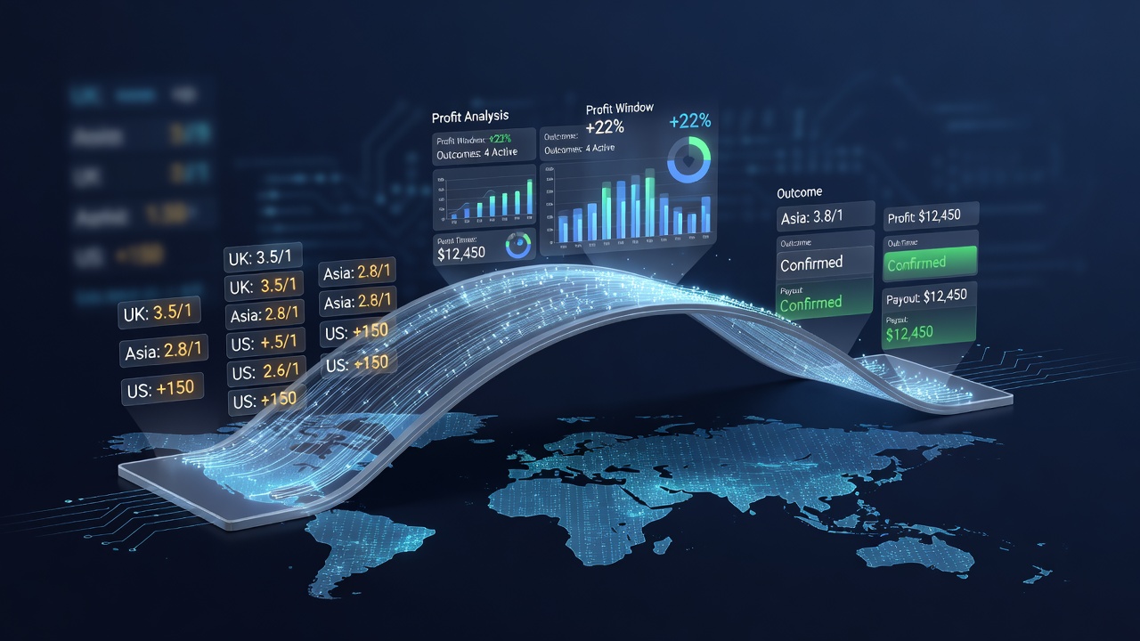 Dashboard view of arbitrage detection software highlighting profit windows across several outcomes
