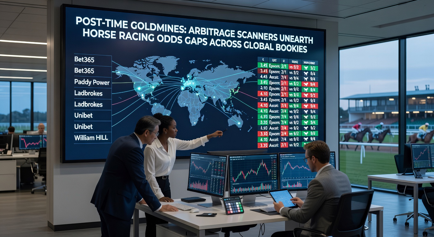 Close-up of arbitrage scanner interface displaying live horse racing odds from multiple global bookmakers, with highlighted profit opportunities