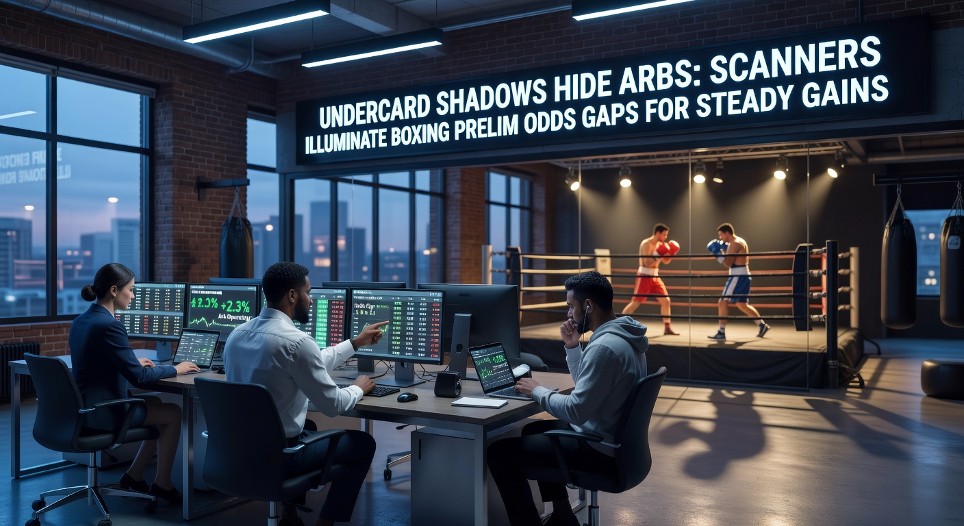Screenshot of a betting scanner interface displaying real-time arbitrage opportunities in a boxing prelim bout, with odds tables from multiple bookmakers highlighted in green for profitable gaps