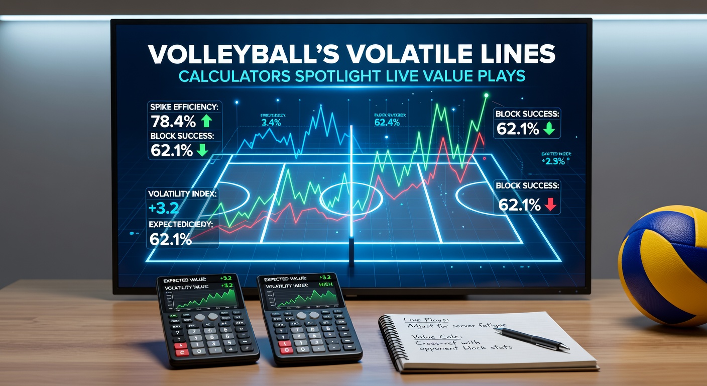 Close-up of a betting calculator interface displaying live volleyball odds fluctuations, with graphs showing value play alerts during a match